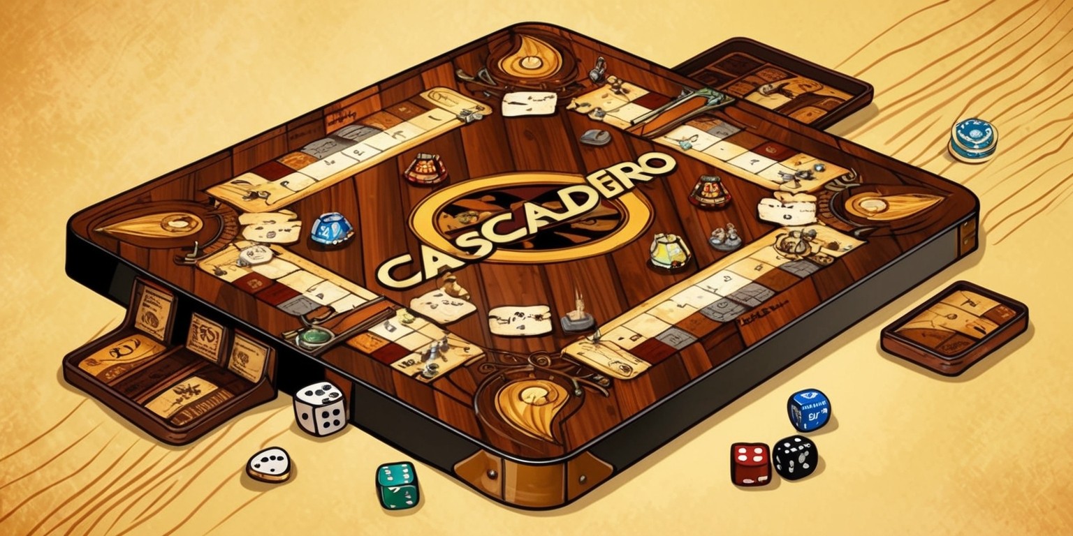 A vibrant and detailed illustration of the Cascadero board game, set against a warm, earthy background with a slight woodgrain texture, evoking a sense of nostalgia and classic game nights. The game board itself is rendered in a rich, dark wood tone, with intricate inlays of lighter wood and metal accents, showcasing the game's unique blend of strategy and chance. The various game pieces, such as wooden tokens, dice, and player markers, are arranged artfully across the board, with a few pieces slightly askew as if players had just stepped away. The overall aesthetic is that of a timeless, beloved game, with subtle hints of playfulness and adventure. The illustration style is reminiscent of traditional board game art, with bold lines, expressive colors, and a touch of whimsy.