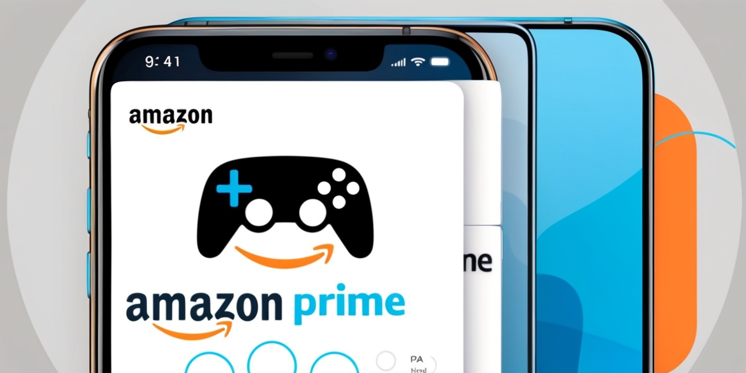 A modern digital illustration of the Amazon Prime Gaming app on a sleek, high-tech smartphone screen, featuring a vibrant color scheme with a prominent blue and orange accent, reminiscent of the Amazon brand. The app's logo, a stylized gaming controller incorporated into the Amazon smile, sits atop a clean, minimalistic background. The layout is simple, yet engaging, with bold, rounded buttons and intuitive navigation. A subtle, modern typography is used for the app's name and other on-screen elements. The overall aesthetic is sleek, futuristic, and premium, conveying the cutting-edge gaming experience offered by Amazon Prime Gaming.