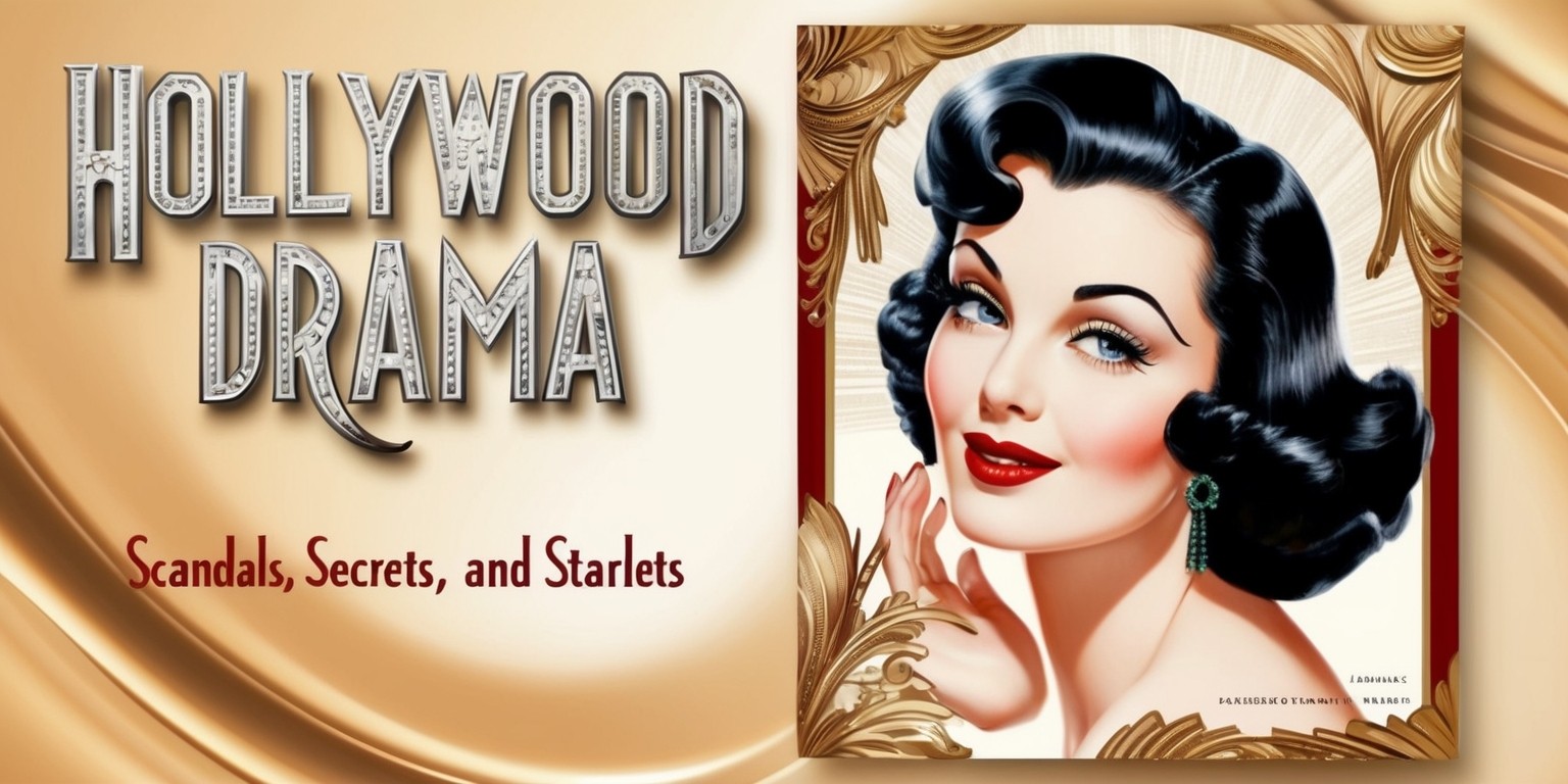 A glamorous, golden-age-inspired illustration of a Hollywood drama article, set against a warm, creamy background with subtle, gradient-like lighting, evoking the allure of classic cinema. The article's title, in bold, Art Deco-style font, Hollywood Drama emblazoned across the top in metallic silver, with the tagline Scandals, Secrets, and Starlets written in smaller, curved text below, in a deep, rich red. A iconic, 1940s-style Hollywood actress, with porcelain skin, raven-black hair, and piercing emerald eyes, gazes sultrily out from the center of the image, her full lips curled into a mysterious smile. The overall aesthetic is one of opulence, sophistication, and old-school Hollywood glamour, with intricate, hand-drawn details and ornate, organic textures adding depth and visual interest.