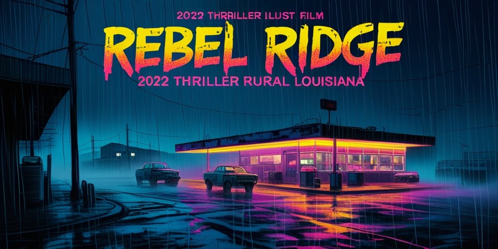 A hauntingly atmospheric illustration depicting a gritty, neon-lit streetscape set in rural Louisiana, evoking the tone and mood of the 2022 thriller film 