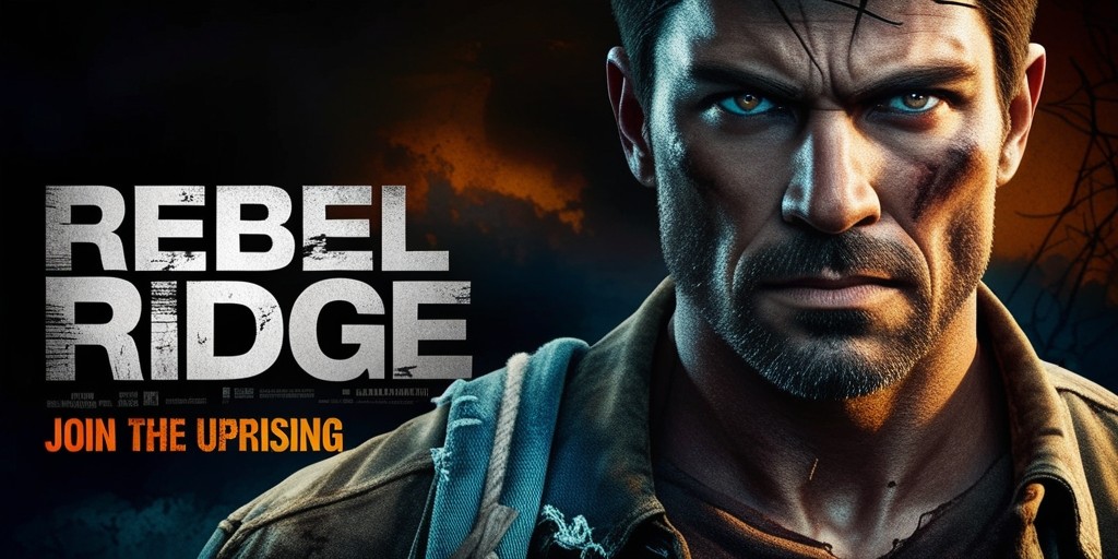 A gripping movie poster for Rebel Ridge, set against a dark and ominous background with hints of fiery oranges and deep blues, evoking a sense of tension and urgency. In the foreground, a close-up of a determined, ruggedly handsome male protagonist with sharp jawline, piercing brown eyes, and a strong, angular face, adorned with a few days' worth of stubble, gazing straight into the camera with a resolute expression. He's dressed in worn, earthy-toned clothing, with a faded denim jacket slung over his shoulder, hinting at a rebellion against the status quo. The title 