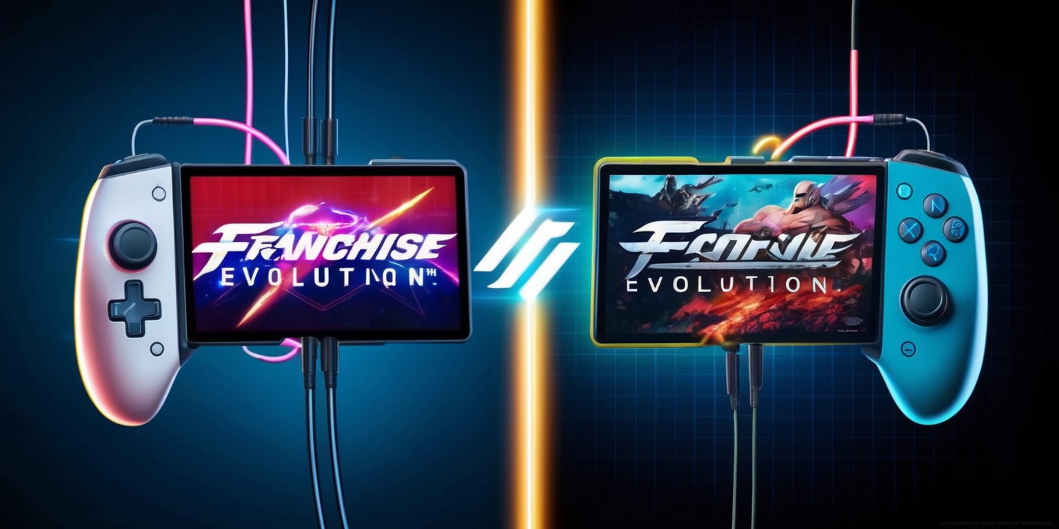 A split-screen illustration of two video game screenshots, one from the original game and the other from its sequel, Franchise Evolution, with a subtle glowing effect to represent their interconnectedness, on a dark blue background with neon accents, featuring futuristic game controllers and wires connecting the two screens, with the game's logo prominently displayed in bold, silver font, and a faint grid pattern to evoke a sense of design evolution, with vibrant colors and dynamic lighting to convey the excitement and anticipation of the sequel, and subtle textures to give the image a sense of depth and realism.