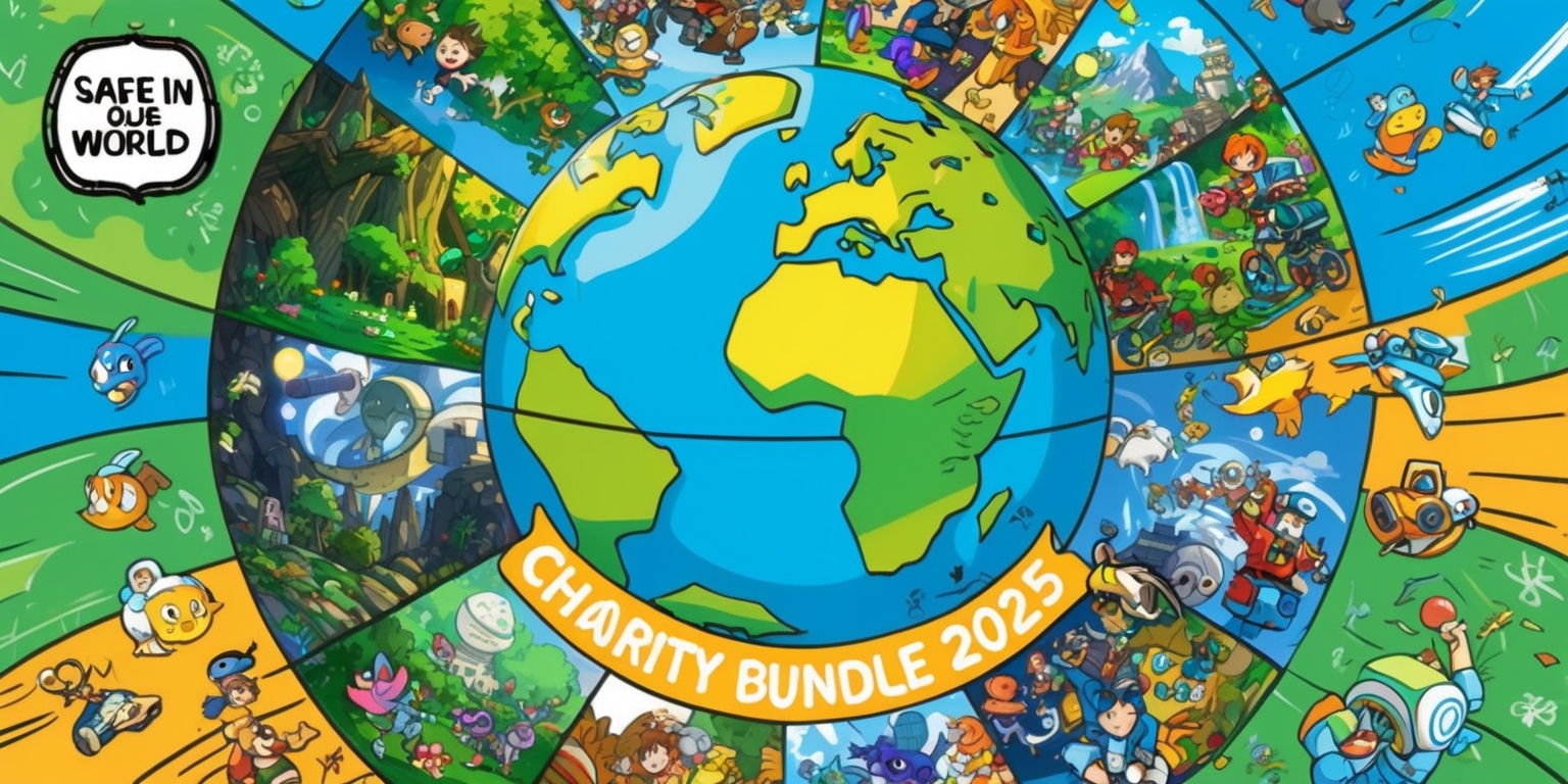 A vibrant and colorful illustration featuring a stylized globe at its center, surrounded by various iconic video game characters and items from different genres, all coming together in a heartwarming and playful way to represent unity and support for the Safe In Our World Charity Bundle 2025 initiative. The globe is divided into different sections, each showcasing a unique game world or environment, such as lush forests, fantasy kingdoms, and futuristic cities. The characters and items are nestled within these sections, with some flying, jumping, or hovering above the globe, conveying a sense of joy and celebration. The color palette is bright and optimistic, with shades of blue, green, yellow, and orange, evoking feelings of hope and positivity. At the top of the image, the charity's logo is prominent, featuring bold, cursive lettering and a stylized heart symbol, while the text Charity Bundle 2025 is written in a clean, modern font at the bottom of the image in a curved line, following the shape of the globe.