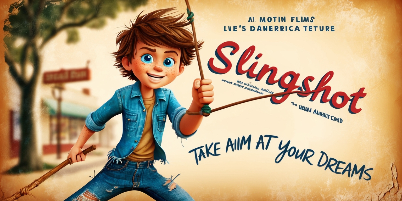 A vintage-inspired movie poster for a fictional film titled Slingshot set against a warm, sun-kissed background with a worn, distressed texture, evoking a sense of nostalgia and adventure. At the center, a dynamic illustration of a young boy, likely the protagonist, with a determined look on his freckled face, messy brown hair, and bright blue eyes, holding a worn wooden slingshot, its thin rubber band stretched back, ready to fire. He's dressed in a faded blue denim shirt and worn jeans, with a few loose threads hanging from the hem. In the background, blurred elements of a small American town, with old-fashioned street lamps, a faded ice cream parlor sign, and a few towering trees with leafy branches stretching upwards. The title Slingshot is emblazoned across the top in bold, cursive font with a 1950s feel, while the tagline Take aim at your dreams is written in smaller text at the bottom, curved around the edge of the poster in a playful, handwritten style.