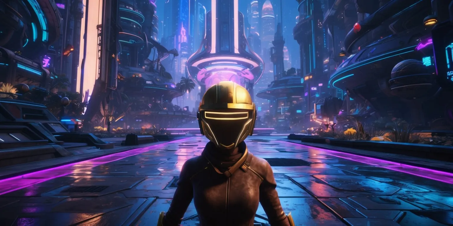 A futuristic game scene from Pragmata with a character navigating through a dense, neon-lit cityscape, surrounded by towering skyscrapers and advanced technology, with a vast array of collectibles and hidden pathways waiting to be discovered, the character's face is obscured by a sleek helmet with a golden visor, their skin is partially visible with a warm, earthy tone, the atmosphere is rich in blues and purples, with vibrant neon lights reflecting off the wet pavement, the overall style is a blend of sci-fi and mystery, with a sense of adventure and exploration, the layout is dynamic, with the character positioned in the center, surrounded by a maze of pathways and hidden secrets.
