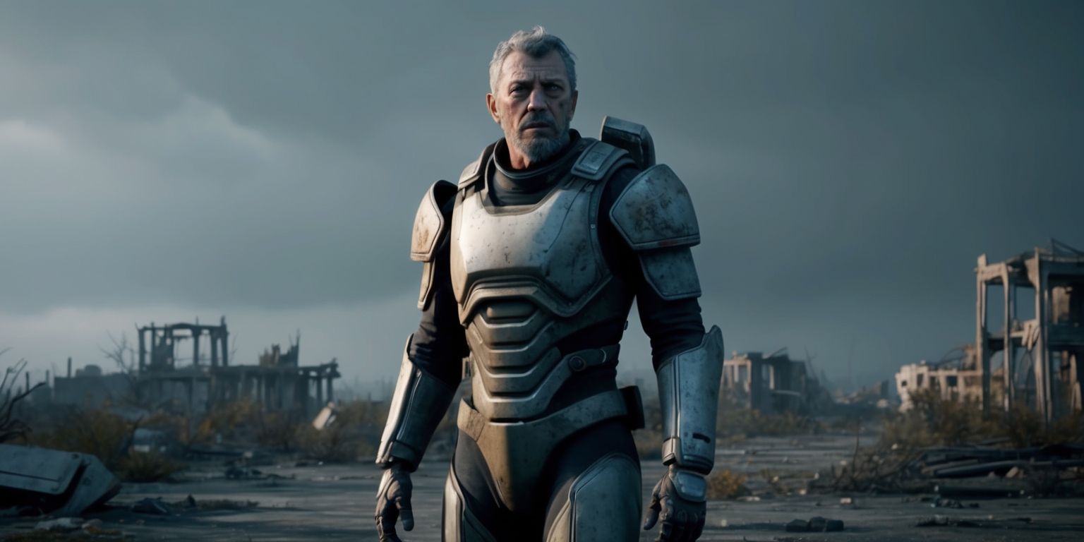 A futuristic landscape with a lone figure in the distance, resembling Sam Porter Bridges from Death Stranding 2, wearing a rugged exosuit with a metallic finish, set against a backdrop of a desolate, post-apocalyptic world with destroyed buildings and overgrown vegetation, the atmosphere is ominous with a dark grey sky, the character's face is worn and weathered with a strong jawline and distinctive facial features, the overall mood is bleak and haunting, with a focus on the contrast between the harsh environment and the resilience of the human figure, the color palette is muted with shades of grey, brown, and beige, with the character's suit being a mix of metallic and dark tones, the scene is framed in a cinematic style with a wide aspect ratio, drawing the viewer's attention to the vastness of the devastated landscape and the determination of the protagonist.