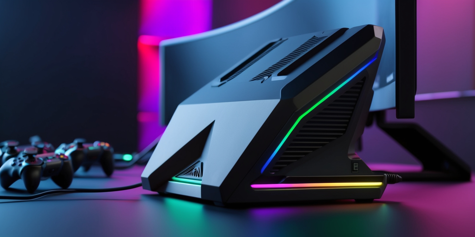 A sleek, modern gaming dock accessory with a futuristic aesthetic, featuring a sturdy, angular design with smooth, matte-black surfaces and vibrant, customizable RGB lighting accents that pulse and glow in a mesmerizing pattern. The dock's body is adorned with intricate, machined details and subtle vents, giving it a premium, high-tech look. A series of ports and connectors, including USB, HDMI, and Ethernet, are neatly arranged on the sides and back, with slender, curved lines and subtle LED indicators that add to the dock's futuristic appeal. The device's adjustable design is showcased through its rotating, tilting, and height-adjustable components, allowing gamers to customize their setup for optimal comfort and performance. In the background, a blurred, dimly lit gaming setup is visible, with a gaming console, controllers, and a large, curved monitor, adding context to the dock's purpose and functionality.