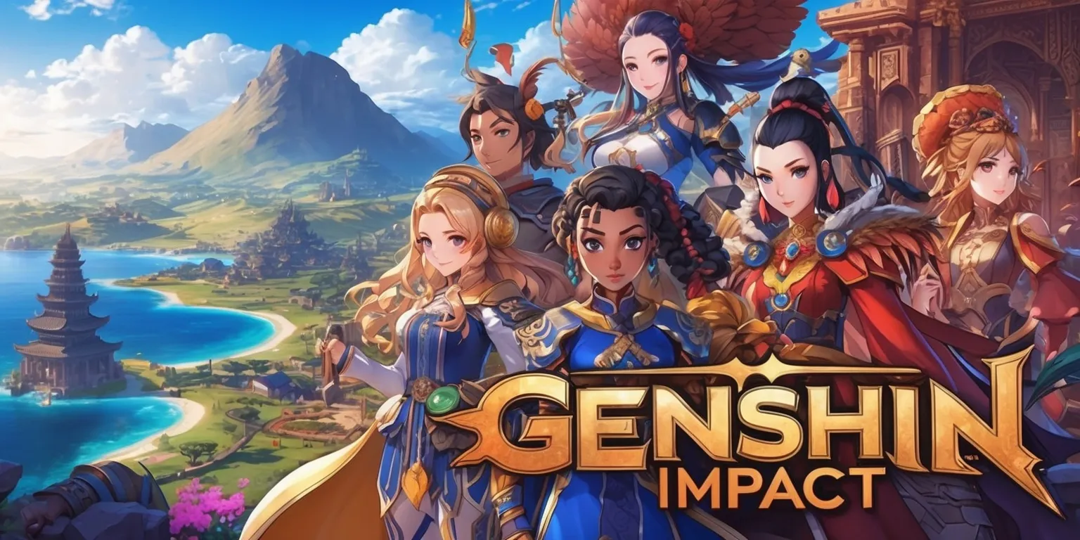 A vibrant and detailed illustration of the Genshin Impact game, set in the vast and beautiful world of Teyvat, with a stunning landscape of rolling hills, towering mountains, and deep oceans, featuring a variety of characters with unique outfits and accessories, including Diluc, Kaeya, and Amber, with intricate facial features, diverse skin tones, and distinctive hairstyles, amidst a backdrop of fantastical creatures, ancient ruins, and mystical elements, with a mix of warm and cool colors, blending traditional and futuristic architectural styles, and incorporating subtle textures and patterns, with the game's logo prominently displayed in a bold, golden font, with a sense of adventure and excitement emanating from the scene.