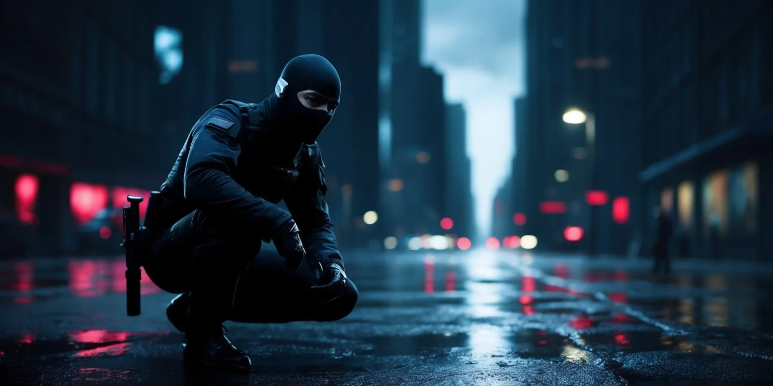A dark and gritty urban cityscape at dusk with a lone figure of a spy in the shadows, dressed in a black tactical suit, wearing a mask to conceal their facial features, with a faint glow of neon lights reflecting off the wet pavement, the color palette is predominantly dark blues and greys, with hints of red from the city's nightlife, the style is reminiscent of a cinematic thriller, with a shallow depth of field, and a low-angle shot to convey a sense of tension and urgency, the spy's eyes are narrowed, focusing on a target in the distance, with a subtle hint of determination in their gaze, the overall mood is one of high-stakes espionage and stealth.