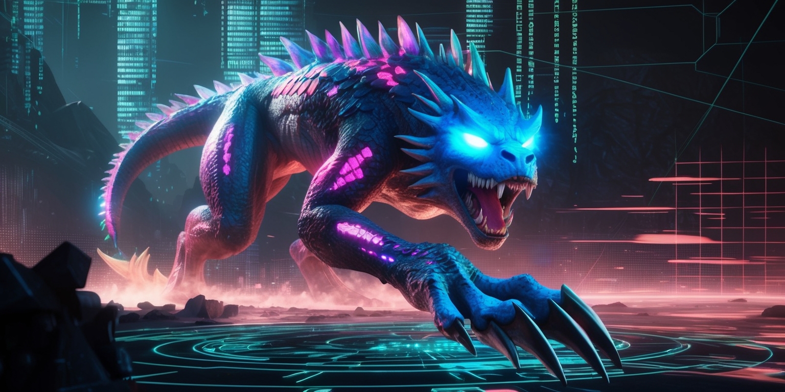 A futuristic digital realm with a time-rippled effect, featuring a monstrous creature with vibrant, neon-like scales and razor-sharp claws, set against a dark, gritty backdrop with glitch-art elements and distorted code streaming down, the monster's eyes glow with an intense blue light as it lets out a mighty roar, with bold, metallic letters spelling out the game's title in a stylized, cyberpunk font, and a subtle, pulsing grid overlaying the scene, with a mix of warm and cool colors blending together to create a dynamic, high-energy atmosphere, the overall style is reminiscent of a classic RPG game with a modern, digital twist.