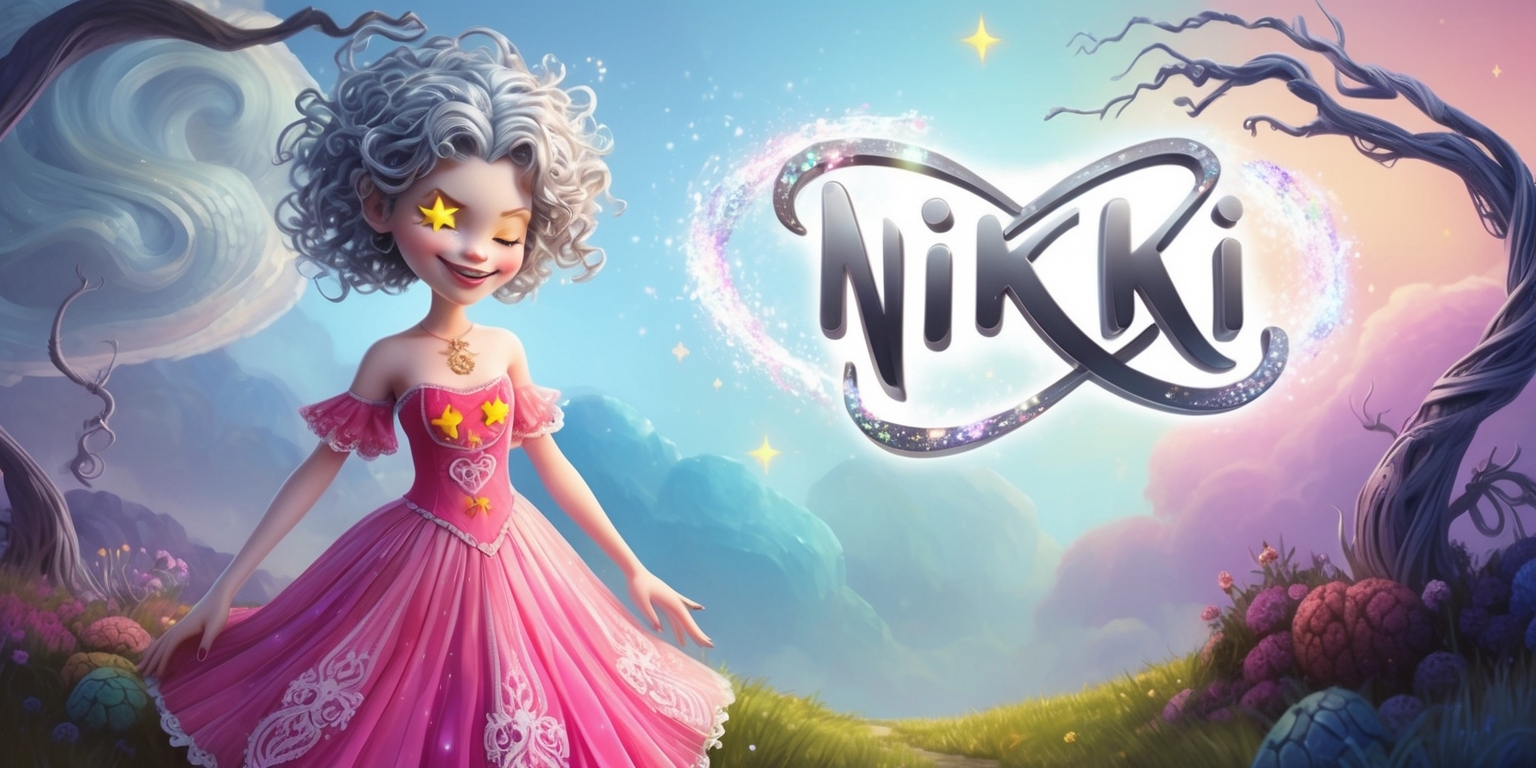 A whimsical, dreamlike illustration of Infinity Nikki, the protagonist from the surreal puzzle game, standing in a fantastical, eerie landscape with swirling clouds, glowing stars, and twisted, gnarled tree branches in the background, with a subtle, shimmering mist effect to evoke a sense of mystery and enchantment, set against a warm, inviting color palette with pastel hues of pink, blue, and purple, reminiscent of a watercolor painting; Nikki herself wears a bright, flowing dress with intricate lace details and a mischievous grin, her skin a soft, porcelain-like complexion, her eyes bright, shining stars, and her hair a wild, curly tangle of silver locks, with the game's logo, a stylized, cursive Nikki in bold, shimmering silver, hovering above her head, surrounded by glittering, ethereal sparks.