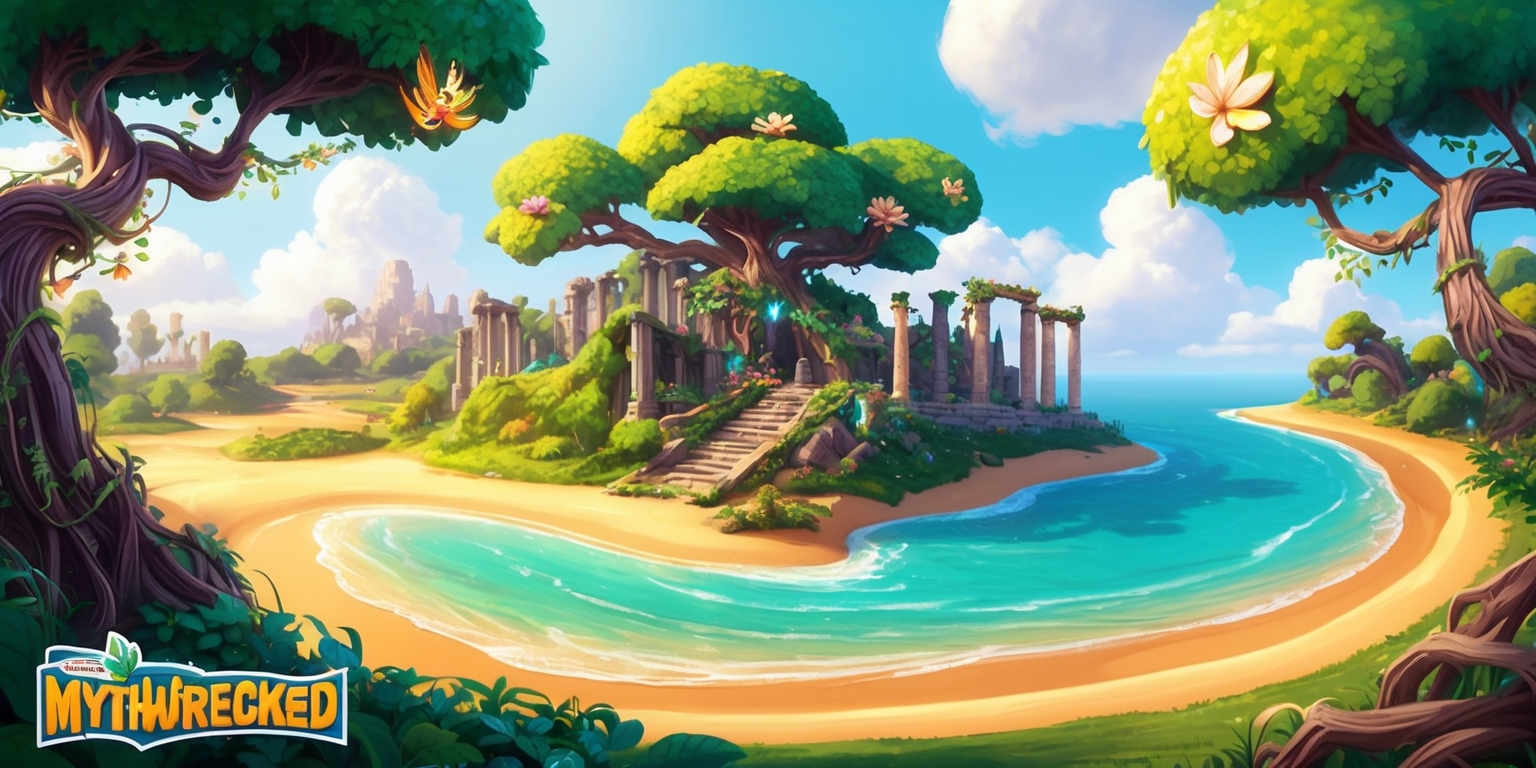 A vibrant, whimsical illustration depicting the fantastical Ambrosia Island from the Mythwrecked game, set against a warm, sunny sky with fluffy white clouds. The island's lush, emerald green forests are dotted with ancient, gnarled trees, their twisting branches adorned with glowing, iridescent flowers and glittering gemstones. In the distance, the ruins of an ancient temple peek out from the foliage, with crumbling stone columns and vines snaking up the sides. A winding, golden sandy beach curves around the island's perimeter, meeting the crystal-clear turquoise waters that gently lap at the shore. Perhaps a few scraps of ancient parchment or mysterious artifacts are scattered about, hinting at the secrets and mysteries hidden within the island's ancient heart. The atmosphere is one of wonder and discovery, as if the island is waiting to be explored and its secrets unraveled.