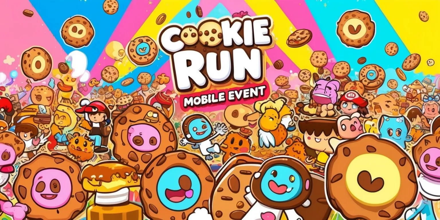 A vibrant and colorful scene depicting a Cookie Run mobile game event, with a variety of cookies and characters from the game gathered together, set against a bright and eye-catching background with pastel hues of pink, blue, and yellow, the cookies and characters are designed in a cute and cartoonish style, with bold lines and exaggerated features, the scene is busy and lively, with cookies and characters interacting and having fun, the overall mood is playful and celebratory, with a sense of excitement and joy, the image is full of energy and movement, with a dynamic layout and creative framing, the cookies and characters are richly detailed, with unique attributes and facial expressions, the colors are bright and saturated, with a mix of warm and cool tones.