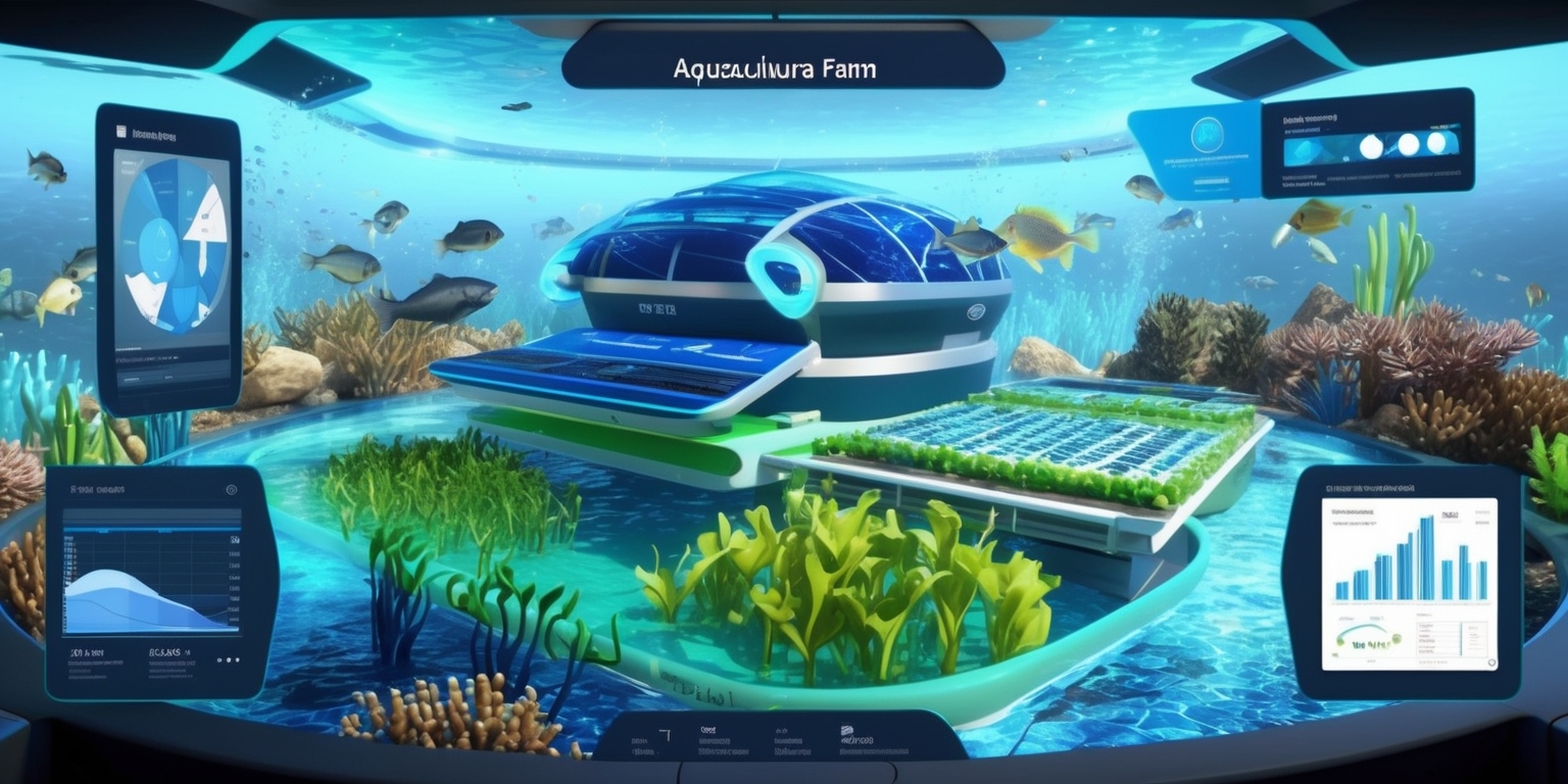 A futuristic virtual reality simulation of an aquaculture farm, with vibrant blue and green hues, featuring detailed 3D models of fish, seaweed, and underwater structures, set against a stunning backdrop of coral reefs and oceanic landscapes, with sleek, modern interfaces and data displays, incorporating a mix of realistic and stylized visual elements, and possibly including avatars or characters with diverse facial features and skin tones, interacting with the virtual environment, surrounded by subtle water effects and soft, shimmering light, with a focus on educational and interactive components, such as graphs, charts, and virtual tools, to create an immersive and engaging experience.