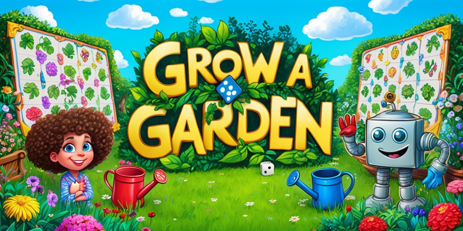 A vibrant and colorful illustration of a whimsical garden scene with lush greenery and an assortment of blooming flowers, set against a bright blue sky with puffy white clouds, featuring various game elements such as a large game board, dice, and player tokens, with a few smiling cartoon characters, including a young girl with curly brown hair and bright blue eyes, and a friendly-looking robot with a green thumb, surrounded by gardening tools and watering cans, with the words Grow a Garden written in bold, playful lettering with leaves and flowers woven into the text, in a beautiful, lively, and detailed digital art style.