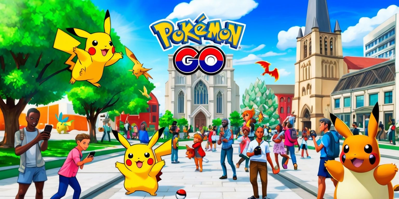 A vibrant and detailed illustration of the Pokémon Go game, featuring a variety of colorful Pokémon, such as Pikachu, Charizard, and Blastoise, set against a bright and sunny outdoor background with lush green trees, blue skies, and a few fluffy white clouds, with a mix of modern city buildings and historic landmarks, including a large stone church and a bustling street with people of diverse skin colors and ages, all holding their mobile devices and interacting with the Pokémon, with a few Poké Balls and other game elements scattered throughout the scene, and the Pokémon Go logo prominently displayed in a bold, red, and white font at the top of the image.