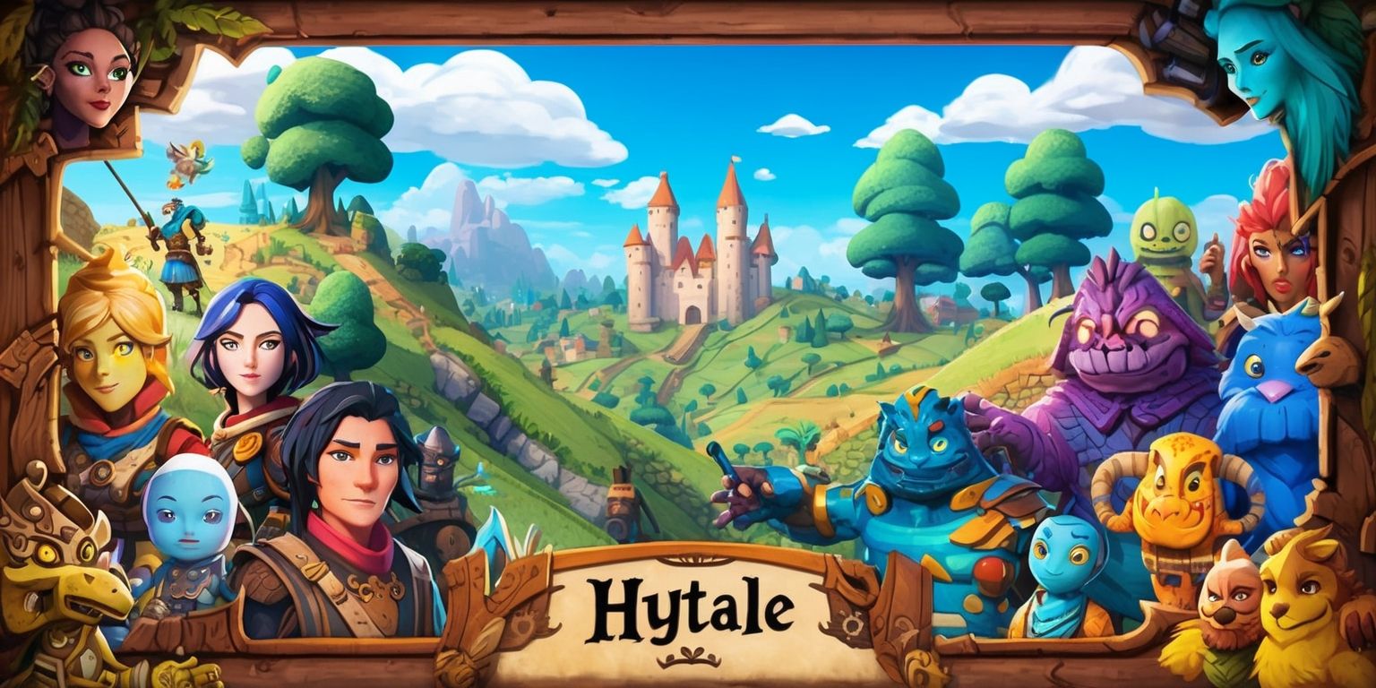 A vibrant digital artwork depicting the fantasy world of Hytale, with a mix of medieval and mystical elements, featuring a detailed landscape with rolling hills, towering trees, and a castle in the distance, set against a clear blue sky with fluffy white clouds, incorporating a variety of colorful characters and creatures from the game, including humanoid figures with unique facial features and skin tones, and fantastical beasts with intricate textures and patterns, with a dynamic layout and framing that showcases the game's distinctive art style, blending elements of adventure, exploration, and magic, with bold lines, intricate details, and a captivating atmosphere that draws the viewer into the world of Hytale.