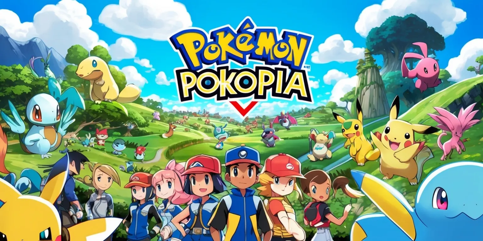 A vibrant and detailed illustration of the Pokémon Pokopia game, showcasing a variety of Pokémon characters in a lush and colorful environment, with a mix of digital and fantasy elements, featuring a bright blue sky with fluffy white clouds, and a sprawling landscape with rolling hills and towering trees, with Pokémon trainers and their partners in the foreground, displaying a range of facial expressions and skin colors, and incorporating the Pokopia game's logo in a bold and modern font style, with the title text in a curved line above the scene, in a warm and inviting color scheme with shades of green, blue, and yellow.
