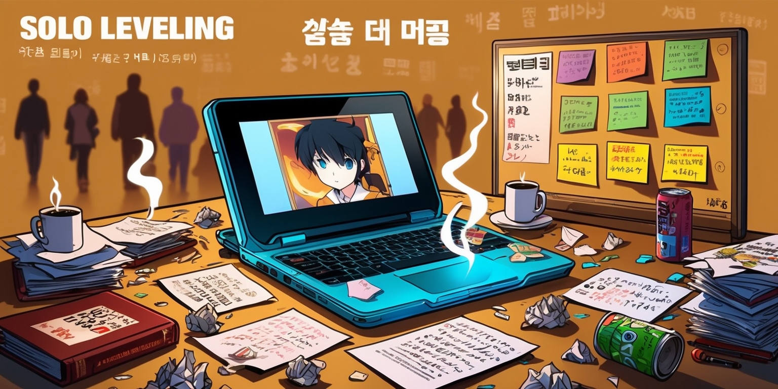 A vibrant digital illustration depicting a bustling anime-inspired scene, set against a warm, golden background with subtle Korean writing and Japanese manga-style posters plastered on the walls, capturing the essence of Solo Leveling. In the center, a bold, futuristic laptop with a glowing screen displays a paused anime episode, surrounded by scattered papers, crumpled up notes, and steaming cups of coffee, conveying a sense of urgency and late-night reviews. To the side, a thoughtfully designed anime-style review board showcases colorful sticky notes, complete with handwritten ratings and critique, while a few well-worn manga volumes and empty energy drink cans litter the floor. In the background, blurred, muted silhouettes of people walking by and neon signs add a sense of lively atmosphere, as if the scene is set in a bustling Tokyo street or a college campus. The overall style blends muted pastel hues with bold lines and dynamic textures, evoking a moody, expressive, and youthful vibe.