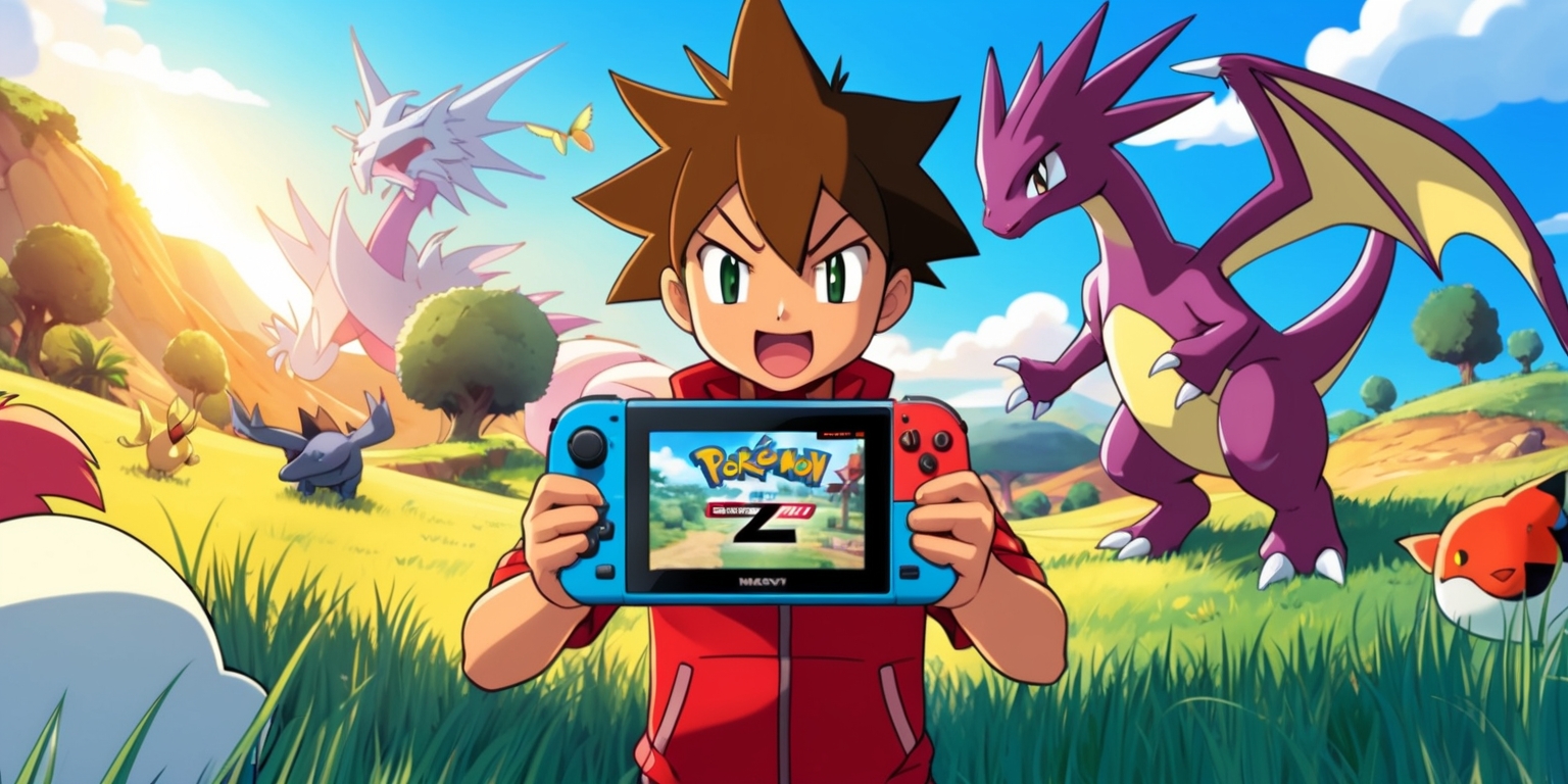 A vibrant, action-packed scene from Pokémon Legends: Z-A, featuring a young, determined trainer with short, spiky hair and a variety of Pokémon, including a large, majestic dragon-type Pokémon in the background, set against a stunning, sunset-lit landscape with rolling hills, tall grass, and a few trees, with a clear blue sky and fluffy white clouds, and in the foreground, the trainer is shown holding a Z-A game console, with the Pokémon Legends game cover prominently displayed on the screen, and the trainer's facial expression shows excitement and anticipation, with a few Pokémon roaming freely in the surrounding area, and the overall style is reminiscent of a classic, animated Pokémon adventure, with bold lines, bright colors, and dynamic poses.
