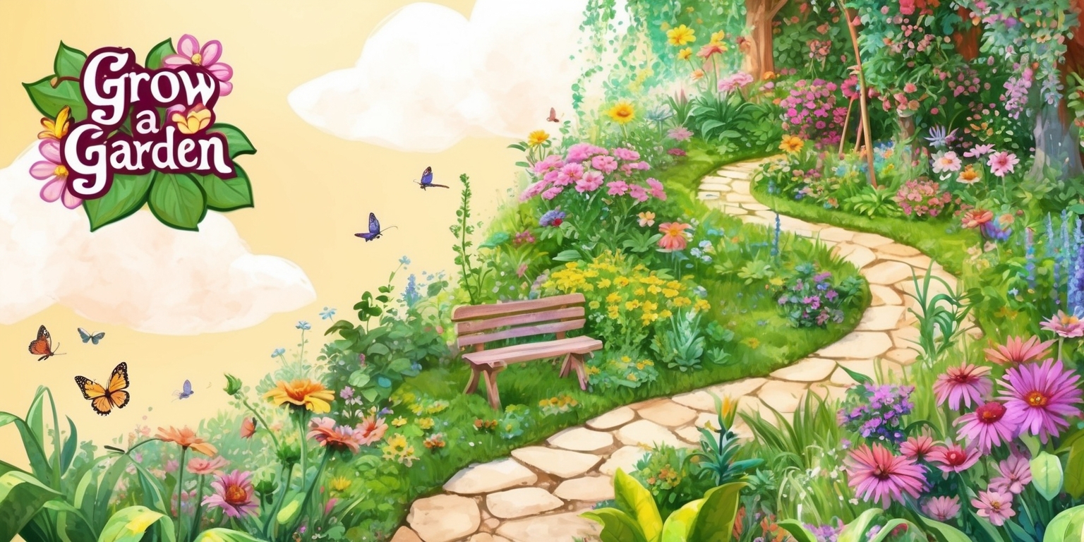 A whimsical illustration of a fantastical garden, overflowing with vibrant flowers, lush greenery, and winding stone pathways, set against a warm, sunny backdrop with fluffy white clouds, as seen in a popular Grow a Garden game, where players nurture and tend to their digital flora, with delicate watercolor textures and intricate line work, evoking a sense of wonder and tranquility, with a few strategically placed gardening tools and a subtle wooden bench, inviting players to sit and enjoy their blossoming creation, surrounded by gentle butterflies and hummingbirds, with the game's logo, featuring bold, curly typography and a stylized flower emblem, prominently displayed in the top-left corner, in a soft, earthy color palette with splashes of bright blooms.