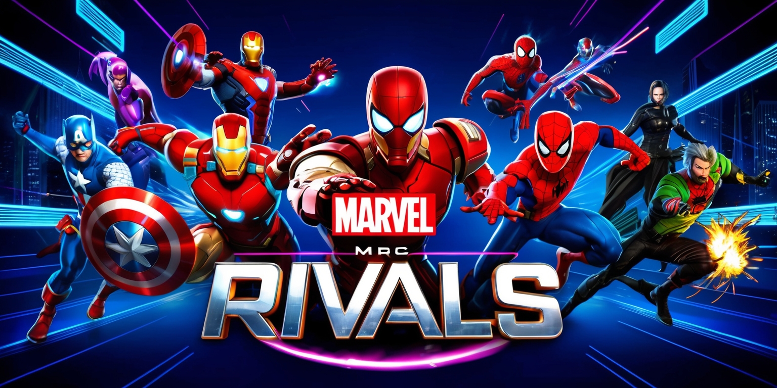 A vibrant, futuristic illustration of the Marvel Rivals game, set against a dark blue background with neon-lit cityscape elements, depicting iconic Marvel superheroes and villains in dynamic, action-packed poses, with bold, graphic lines and textures, and a sense of intense rivalry and competition, featuring popular characters such as Iron Man, Captain America, Spider-Man, and the Sinister Six, with each character showcasing their unique abilities and attributes, surrounded by explosive special effects, energetic lighting, and a hint of high-stakes drama, with the Marvel Rivals logo prominently displayed in metallic, 3D lettering, in a stylized, modern, digital art style reminiscent of comic book illustrations.