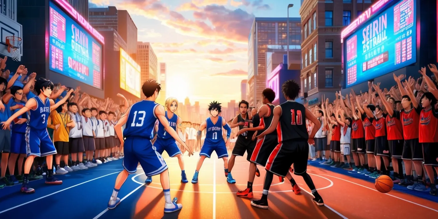 Kuroko's Basketball Street Rivals game with vibrant city street backdrop at sunset, players from different teams facing off on a sleek asphalt court, Kuroko and his teammates from Seirin High School wearing their signature blue and white uniforms, while their opponents wear bold black and red jerseys, the ball bouncing on the ground, surrounded by cheering crowds of people from different age groups and skin colors, all excitedly watching the intense game, with neon-colored advertisements and giant screens displaying the game's score and players' stats in a futuristic font, the atmosphere is electric, filled with anticipation and competition, the colors of the scene are a mix of warm oranges and cool blues, capturing the essence of a high-stakes street basketball game.