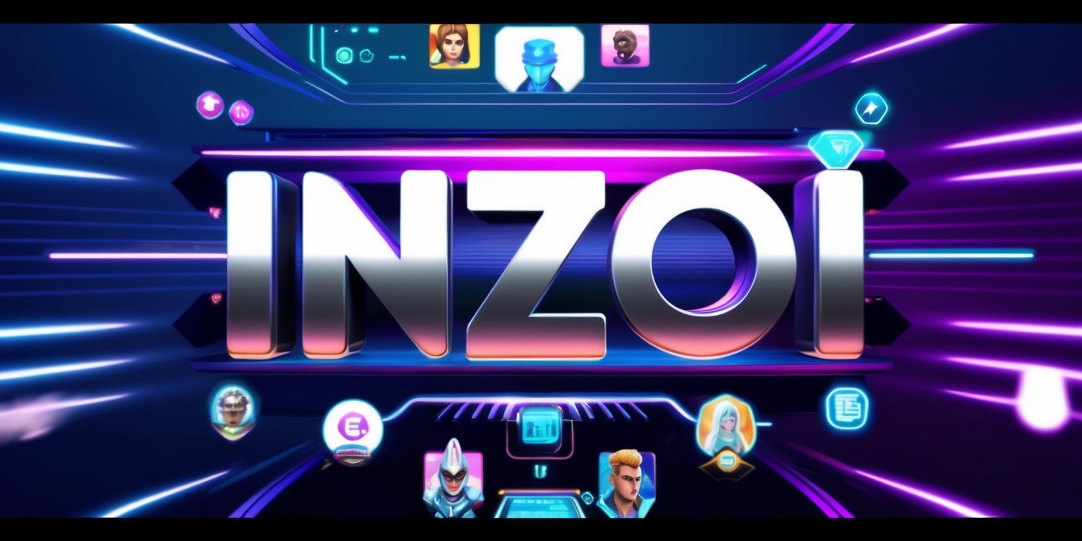 A futuristic video game screenshot of InZoi, featuring vibrant neon colors and sleek digital lines, with a bold font logo of the game's title InZoi in a metallic silver color, set against a dark blue and purple ombre background, with various game characters and elements such as avatars, icons, and virtual objects, all rendered in a highly detailed and realistic style, with a shallow depth of field to emphasize the main game elements, and a slight glow effect to enhance the overall sci-fi ambiance.