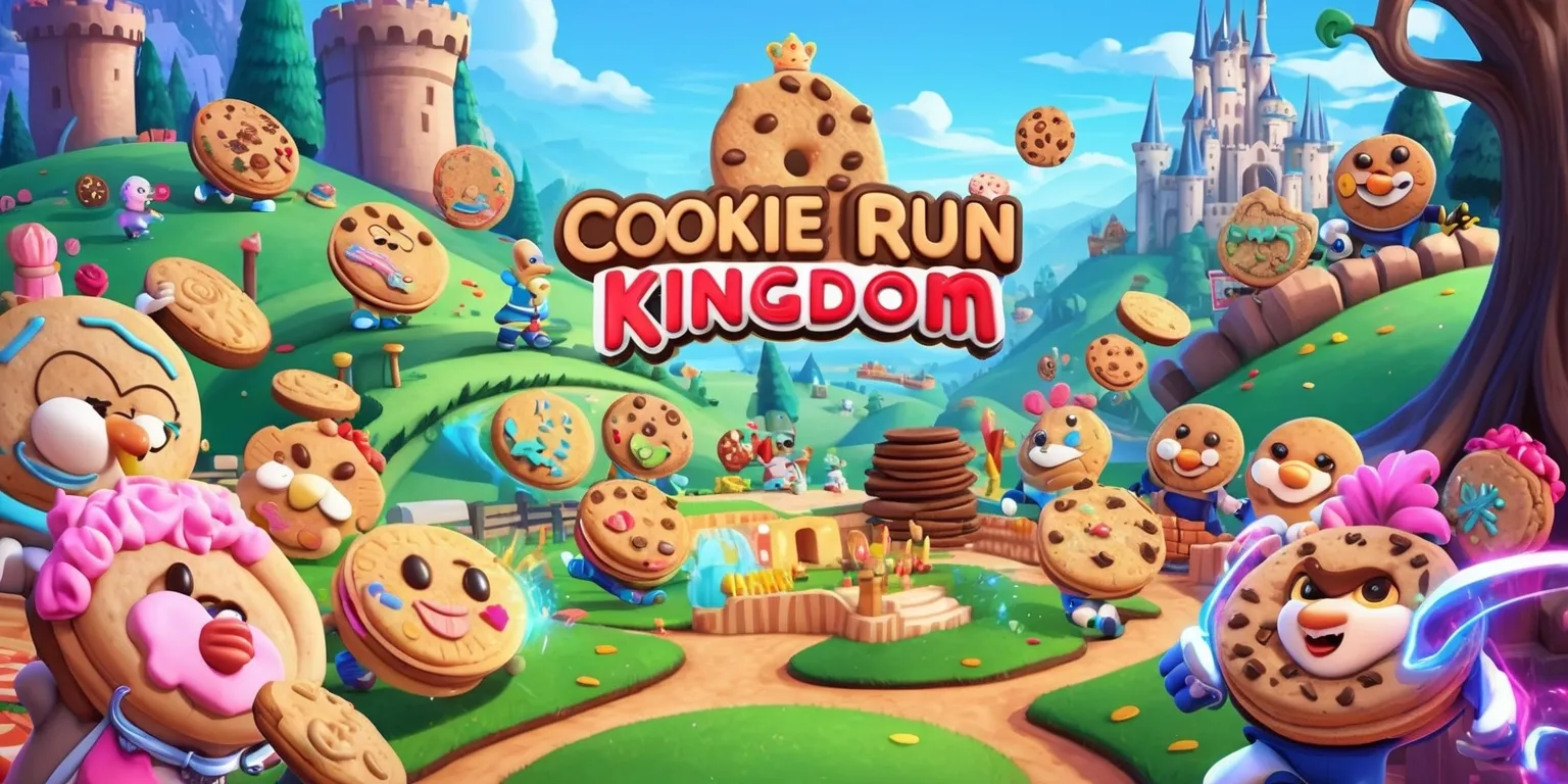 A vibrant and colorful scene from the Cookie Run Kingdom game, featuring a variety of intricately designed cookies with unique facial features and accessories, set against a whimsical landscape with rolling hills, towering trees, and majestic castle structures in the background, with the cookies engaged in various activities such as fighting, building, or socializing, all rendered in a stylized and fantastical visual style reminiscent of anime and cartoon aesthetics, with bold lines, delicate textures, and a pastel color palette that includes soft pinks, blues, and yellows, and possibly incorporating the game's logo or other recognizable elements in a creative and visually appealing way.