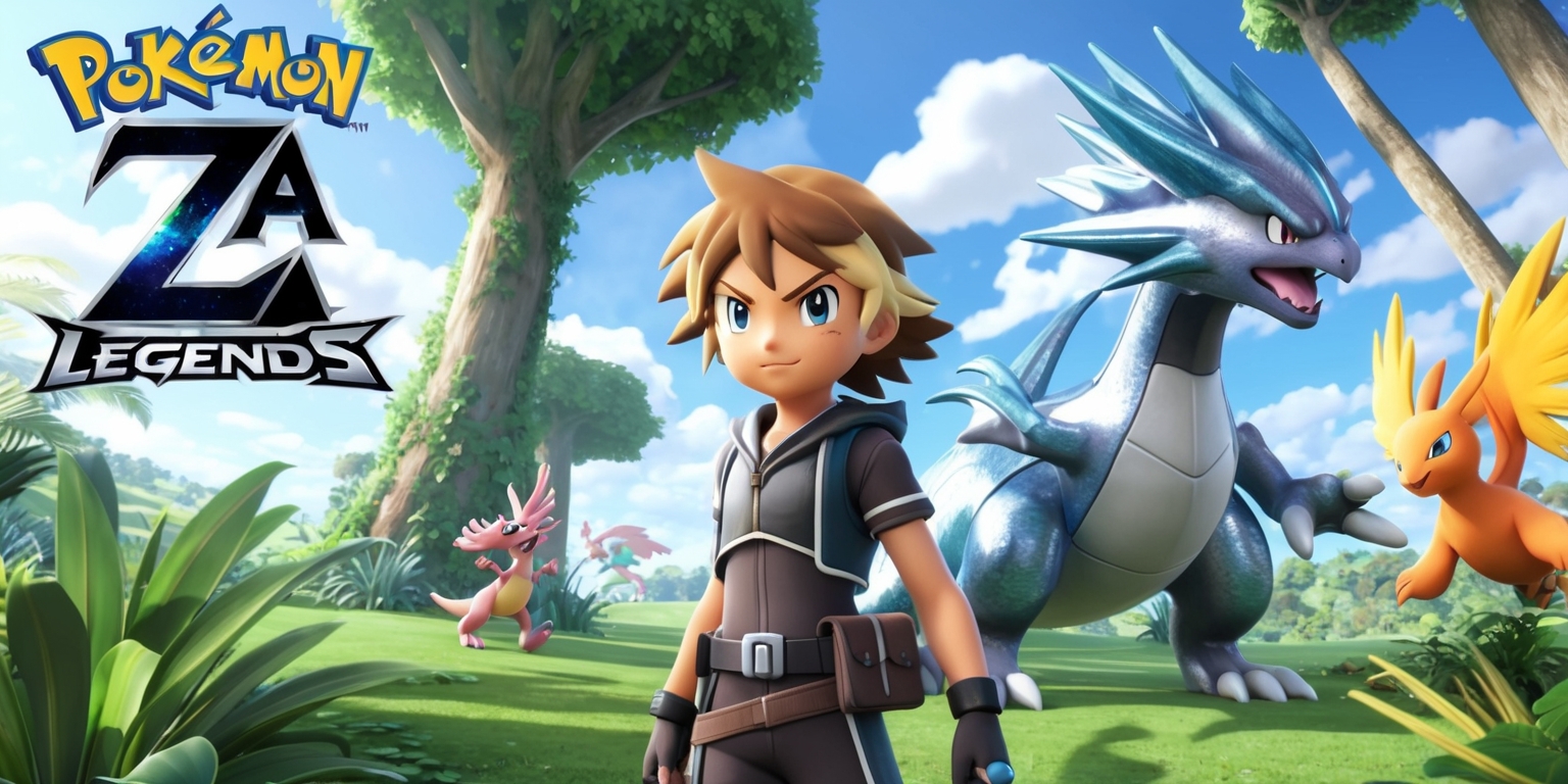 A vibrant and action-packed scene from the Pokémon Legends: Z-A game, featuring a young adventurer with determined facial features and a mix of brown and blonde hair, wearing a sleek outfit with a utility belt, standing in a lush, green forest surrounded by tall trees and exotic plants, with a few Pokémon roaming freely in the background, including a large, dragon-like Pokémon with scales shimmering in shades of blue and silver, and a smaller, bird-like Pokémon with feathers in hues of orange and yellow, set against a clear blue sky with a few puffy white clouds, with the game's logo, a stylized letter Z and A in bold, metallic font, prominently displayed in the top left corner of the image.