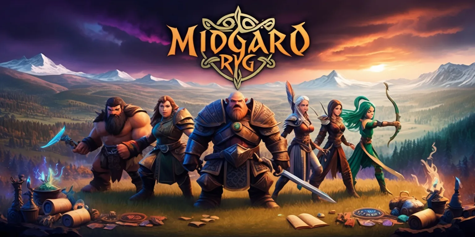A vivid, digitally illustrated scene depicting a sprawling fantasy realm, with a vast landscape of rolling hills, mystical forests, and snow-capped mountains, set against a backdrop of a dramatic, fiery sky with blazing oranges and deep purples, as a group of six unique characters, each with distinct facial features, skin tones, and intricate armor, stand poised for battle, showcasing a diverse array of classes, from a sturdy dwarf warrior with a robust build and imposing beard, to an agile elf archer with piercing emerald eyes and flowing silver hair, surrounded by an assortment of magical artifacts, ancient runes, and scattered scrolls, with subtle, shimmering effects and delicate textures, as the Midgard RPG game logo, in bold, golden font with intricate, Celtic-inspired patterns, proudly emblazoned across the top of the scene.
