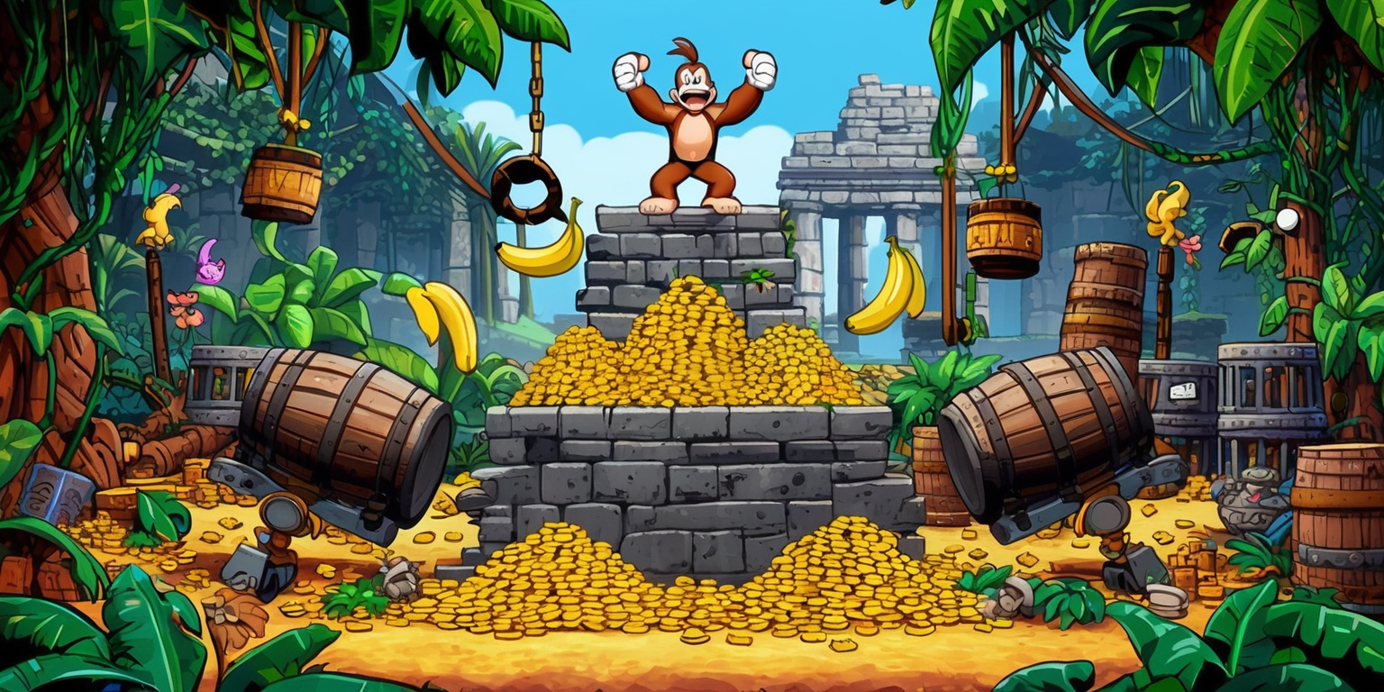 A vibrant, colorful, and action-packed illustration of a Donkey Kong Bananza game level, set in a lush jungle environment with dense foliage, vines, and ancient ruins in the background, featuring Donkey Kong standing triumphantly atop a crumbling temple, surrounded by piles of gold coins, ripe bananas, and scattered crates, with various obstacles and hazards like rolling barrels, swinging pendulums, and mischievous Kremlings lurking in the shadows, all rendered in a stylized, exaggerated, and humorous cartoon style, with bold lines, bright colors, and dynamic composition, evoking a sense of energy, excitement, and playful nostalgia.