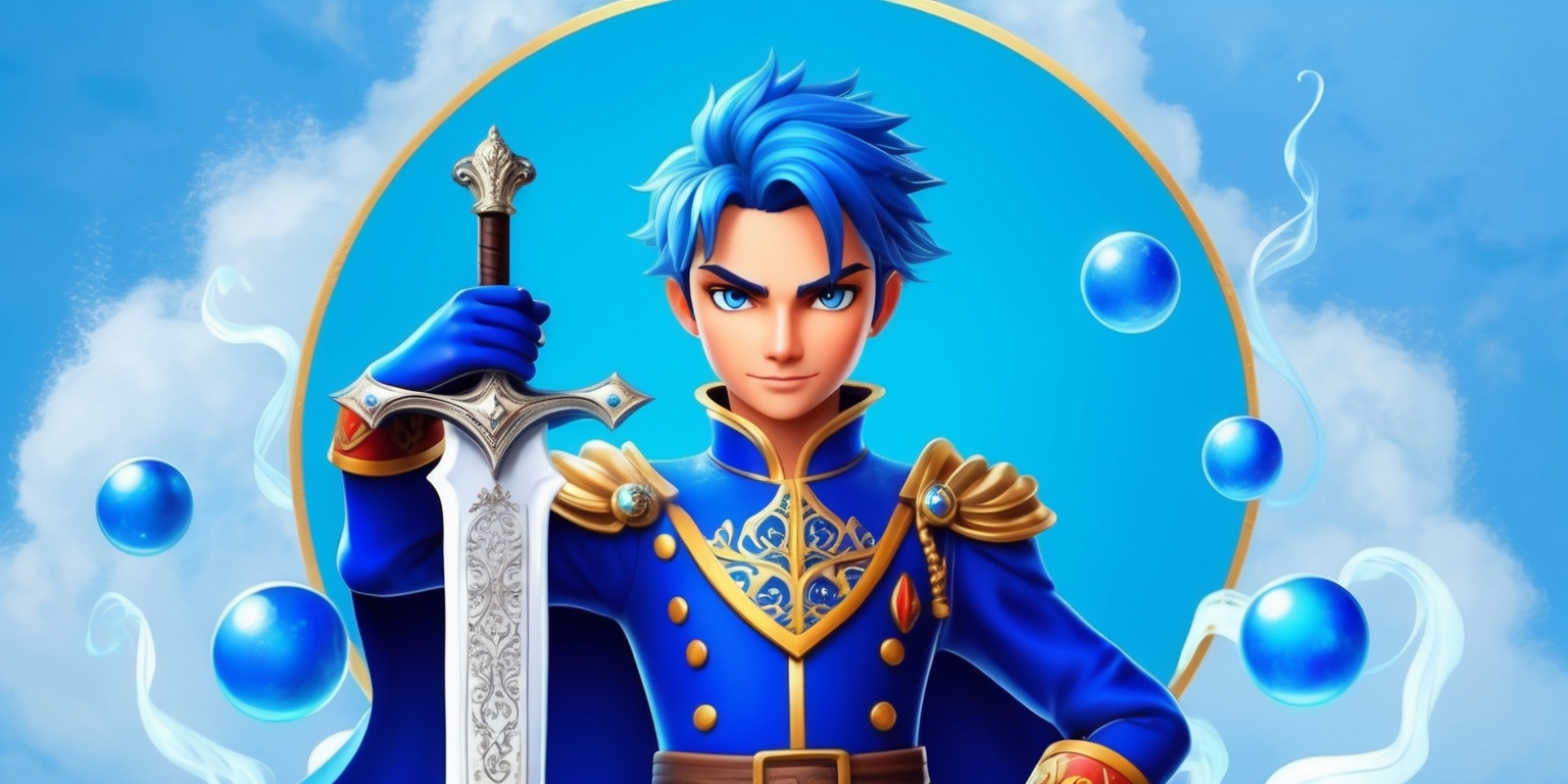 A regal, youthful prince with piercing blue eyes and stylishly messy blue hair, adorned in a majestic blue uniform with gold accents, standing heroically against a bright blue backdrop with subtle cloud-like textures, holding a gleaming silver sword with intricate engravings, surrounded by floating blue orbs and wispy tendrils of mist, exuding an air of confidence and mystique, with subtle shading and vibrant colors that evoke a sense of fantasy and adventure, reminiscent of a fantastical video game character.