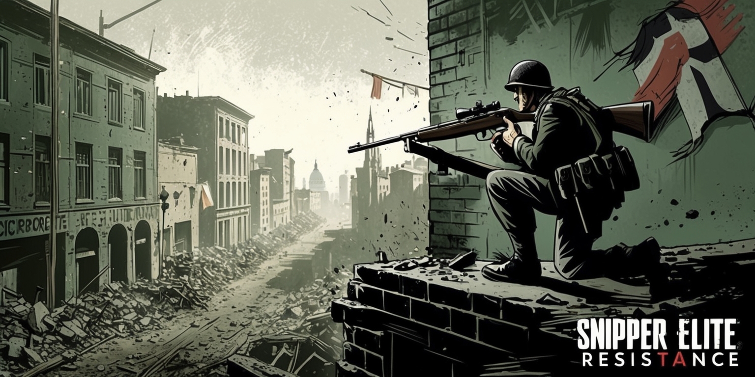 A gritty, high-contrast illustration of a World War II-inspired cityscape, with a sniper perched atop a bombed-out building, rifle in hand, gazing out over the rubble-strewn streets, with a subtle hint of resistance flags and anti-Nazi graffiti adorning the walls, set against a muted color palette with earthy tones of green, brown, and beige, evoking a sense of dark realism and gritty determination, with bold brushstrokes and texture reminiscent of comic book art, and a sense of cinematic drama, capturing the essence of Sniper Elite: Resistance.