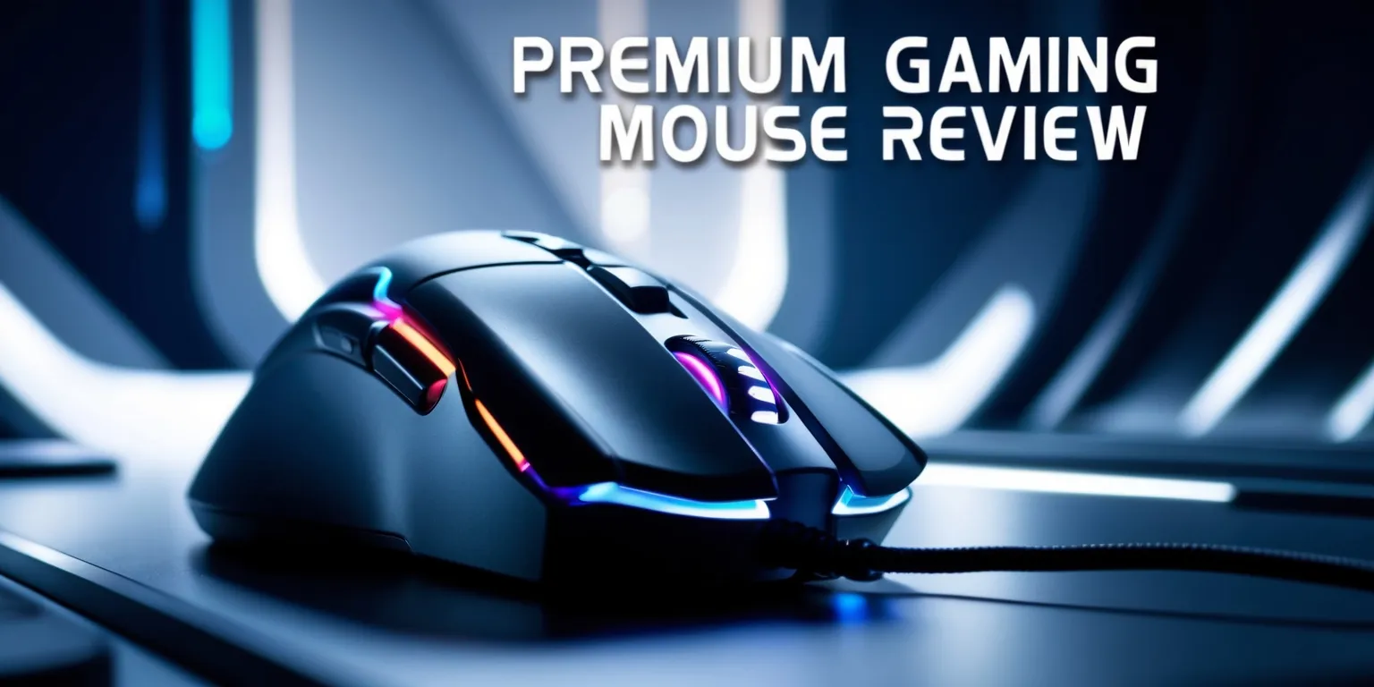 A close-up photograph of a premium gaming mouse on a sleek, high-tech background, with the mouse's futuristic design and vibrant LED lights taking center stage, surrounded by subtle shadows and highlights that accentuate its curves and contours, the mouse's ergonomic shape and high-precision buttons are clearly visible, with a blurred review article in the background featuring bold, modern font and a mixture of short and long paragraphs, the article's title Premium Gaming Mouse Review is emblazoned in large, eye-catching letters, with a color scheme that blends deep blues and metallic silvers, conveying a sense of sophistication and cutting-edge technology, the overall mood is one of excitement and innovation, inviting the viewer to explore the latest in gaming peripherals.