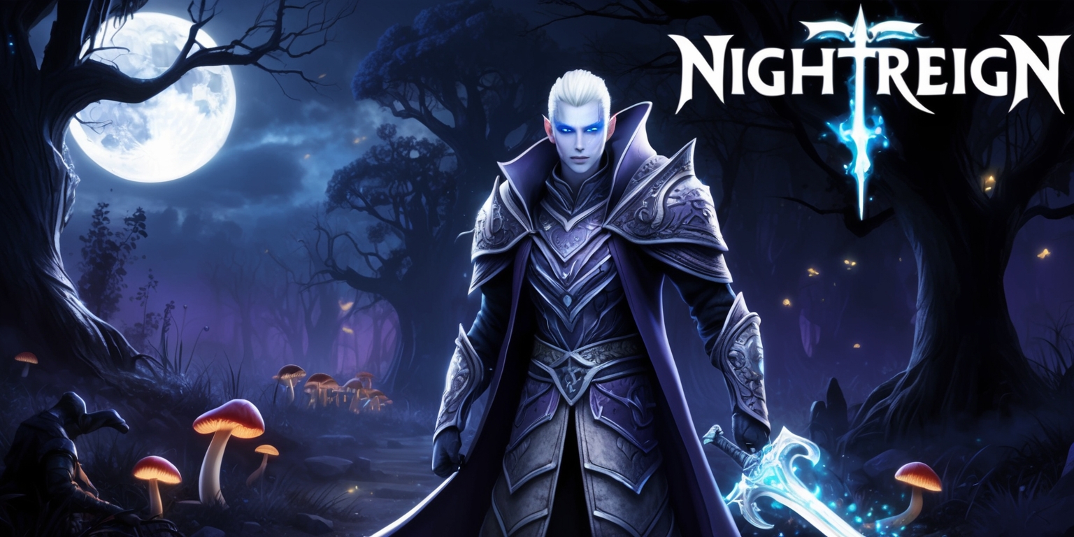 A dark fantasy video game scene from Nightreign, with a mystical forest landscape under a full moon, featuring eerie silhouettes of ancient trees, glowing mushrooms, and fireflies dancing around, in the foreground a heroic figure with sharp facial features, pale skin, and piercing blue eyes, clad in a long coat with intricately designed silver armor, holding a sword with an ethereal glow, the atmosphere is ominous and magical, with shades of indigo, purple, and blue dominating the color palette, the game's logo, Nightreign, is embossed in bold, gothic letters at the top of the image, with a subtle glow effect.
