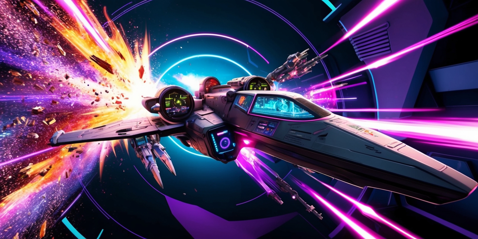 A futuristic sci-fi themed image depicting a dynamic rogue shooter game scene, with a sleek spaceship navigating through a vibrant, neon-lit multidimensional galaxy, surrounded by explosive blasts, shimmering stardust, and hypnotic laser beams, set against a dark blue and purple backdrop, with bold, metallic textures and sharp, geometric shapes, and a sense of rapid motion and intense action, with the spaceship's cockpit displaying a complex array of controls, screens, and mystical symbols, and a fearless, determined space explorer at the helm, with a strong, focused expression and a suit adorned with glowing, ethereal accents.